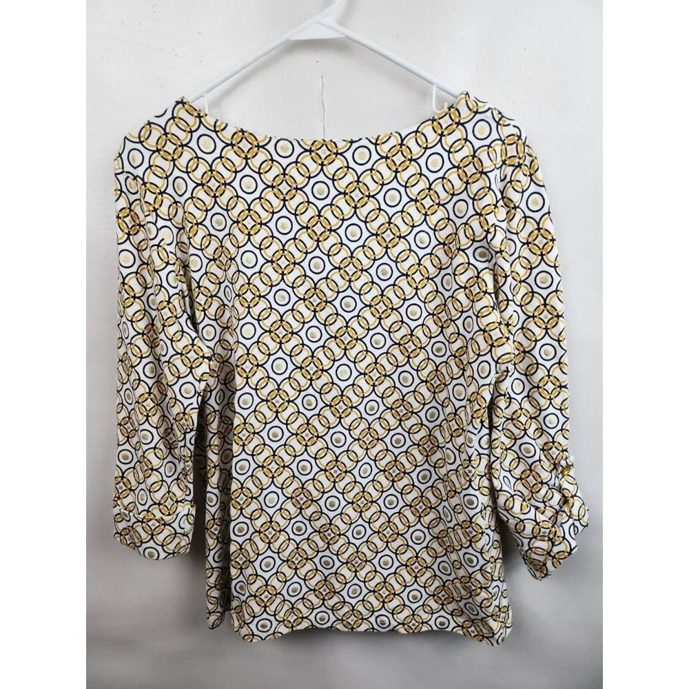 Lark Lane Yellow Blue Circle Print Qortek Button Tab Sleeve Blouse‎ Medium